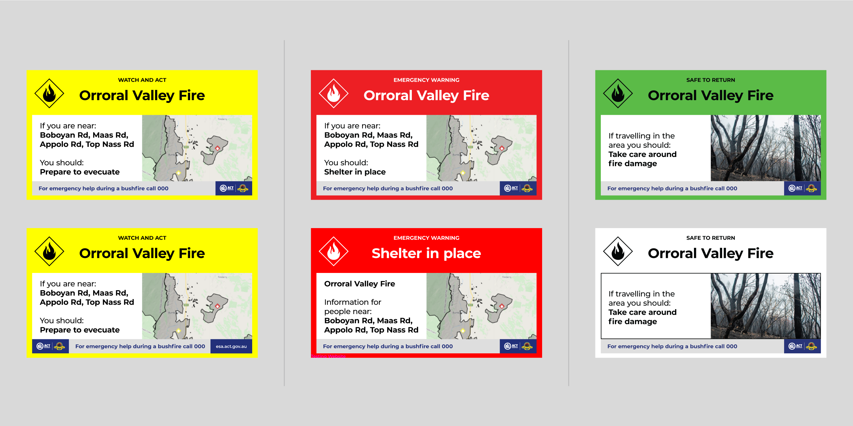 Three emergency alert tile comparisons that were used to gather qualitative data on efficacy and accessibility
