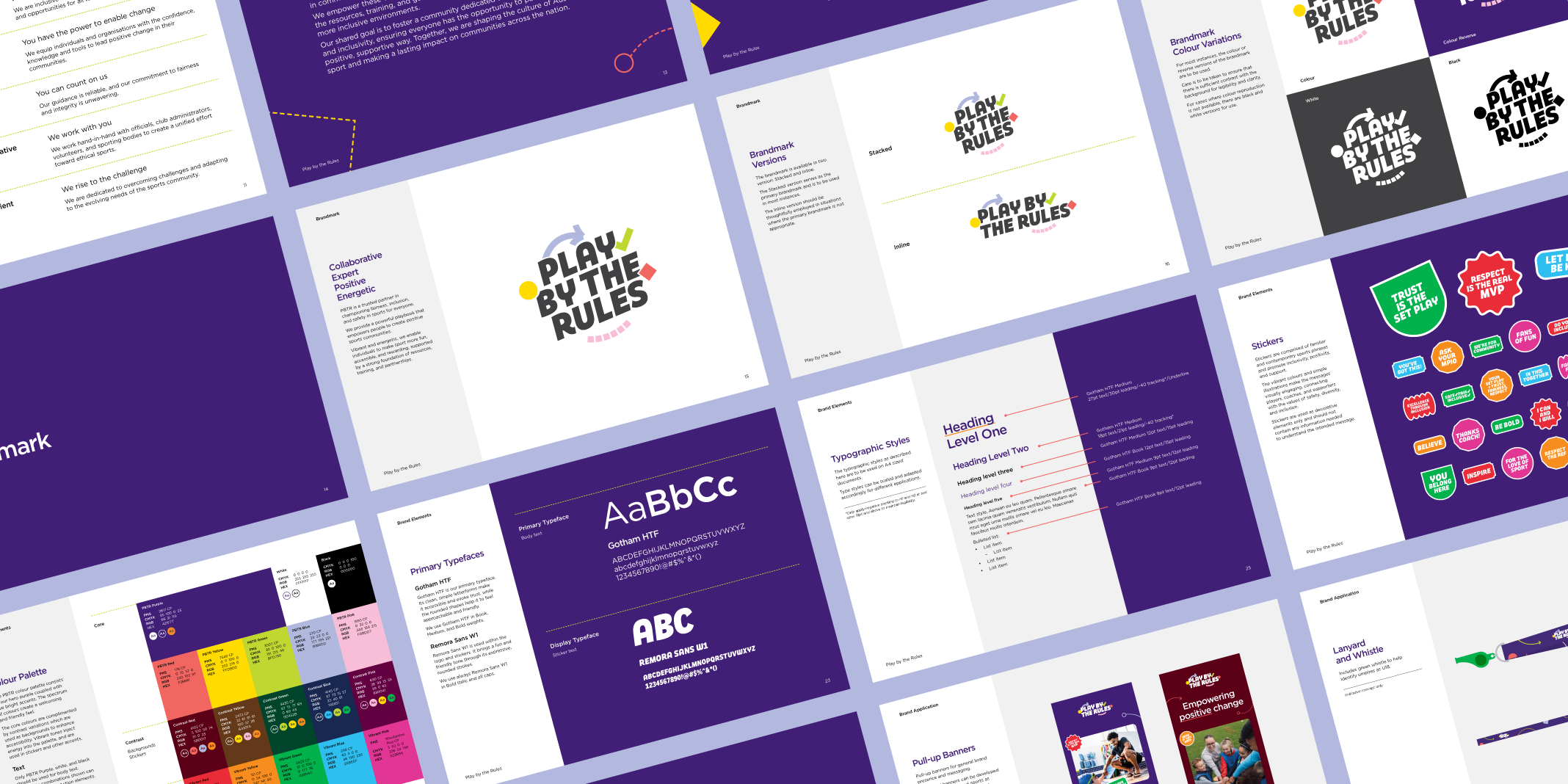 Play by the Rules brand guideline spreads covering logo use, colours, type, stickers, and other design elements