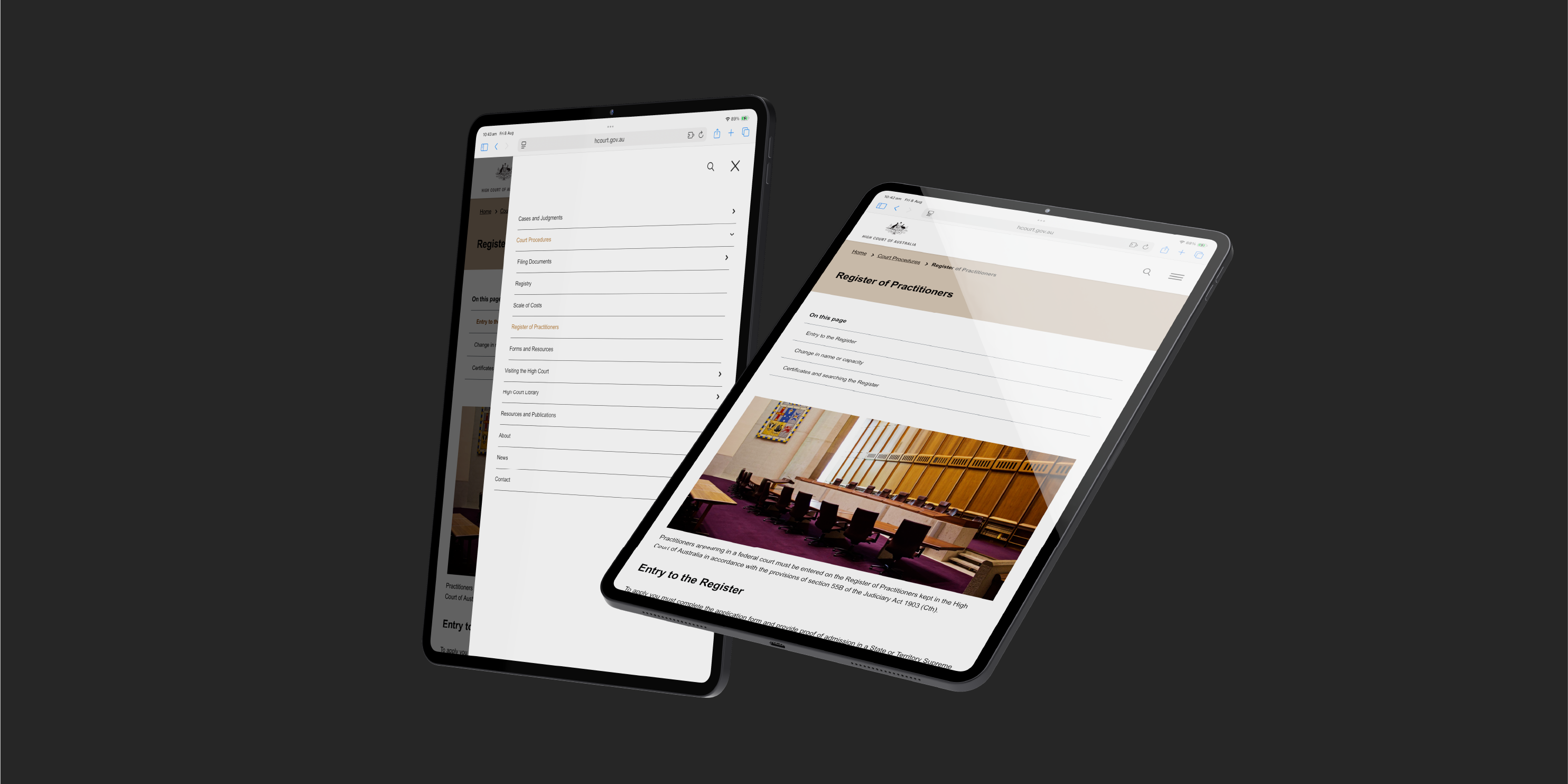 two Ipad screens displaying the High Court of Australia's website