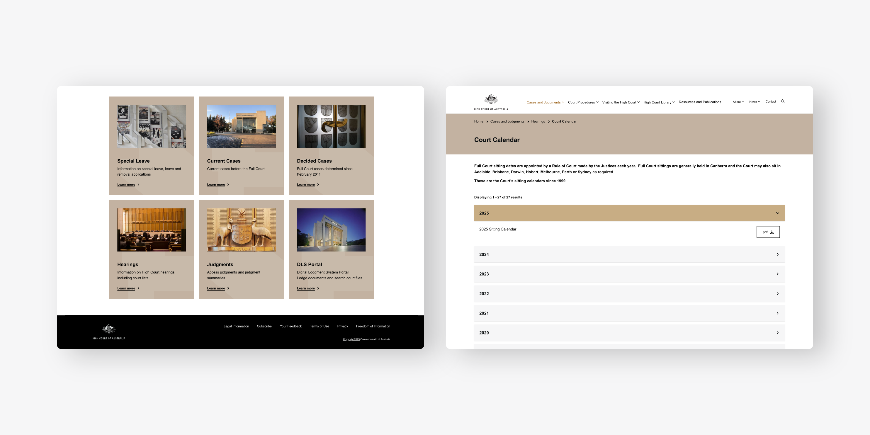 two user interface designs of the new High Court website