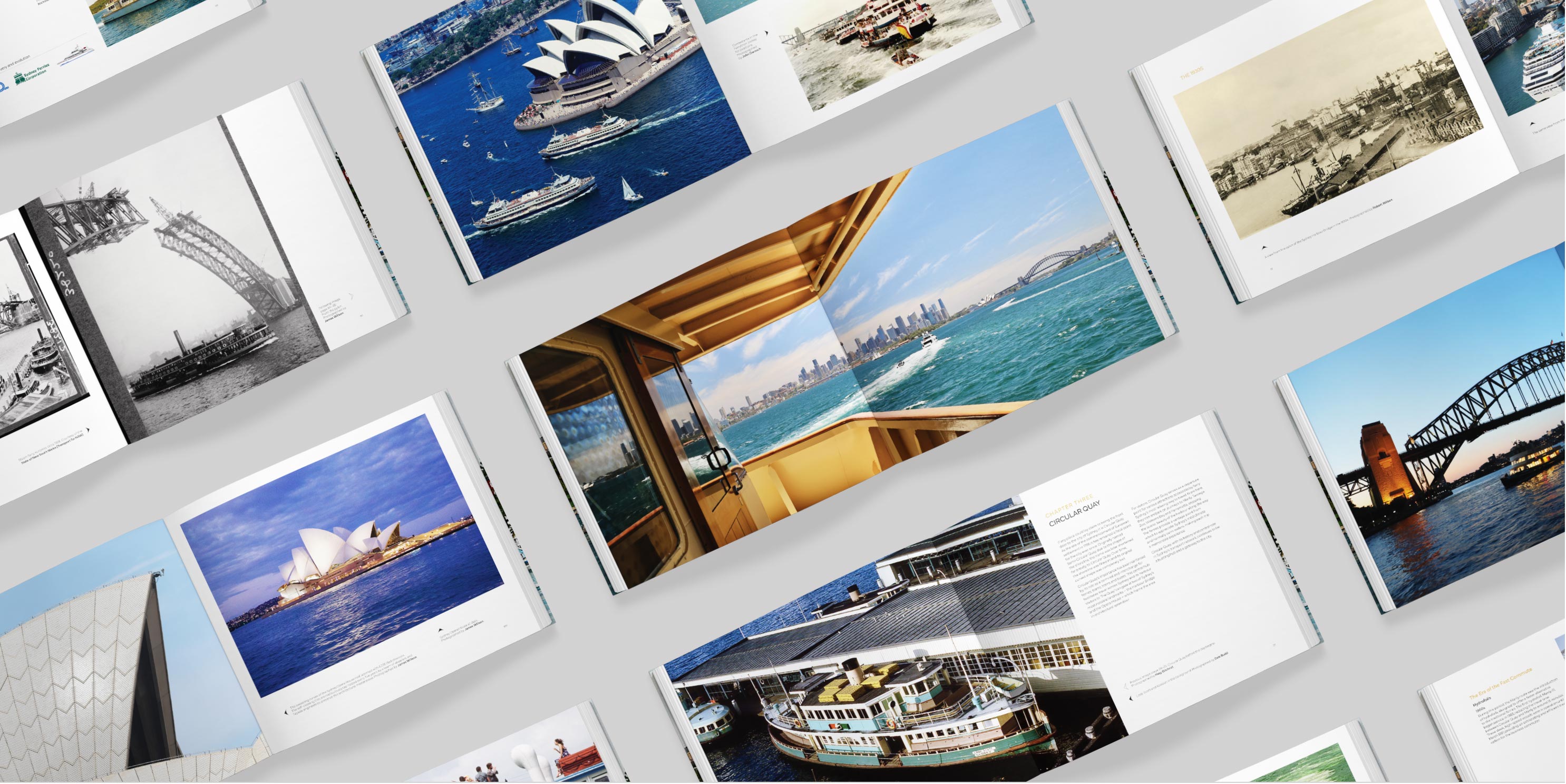 Sydney Harbour Ferries spreads arranged in a grid on an angle, with a grey background