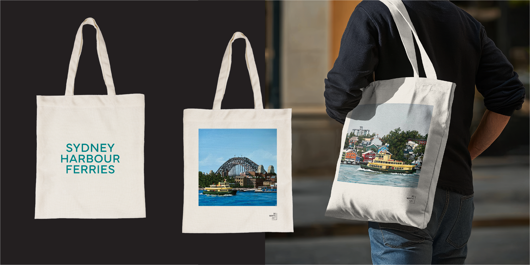A Sydney Harbour Ferries tote bag with the logo on front, artwork on the back, and a mockup of a person using it