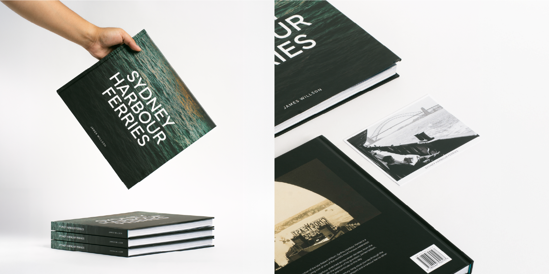 Side by side image of the Sydney Harbour Ferries book held over a stack, and a close up of a postcard with the book, both on a white background