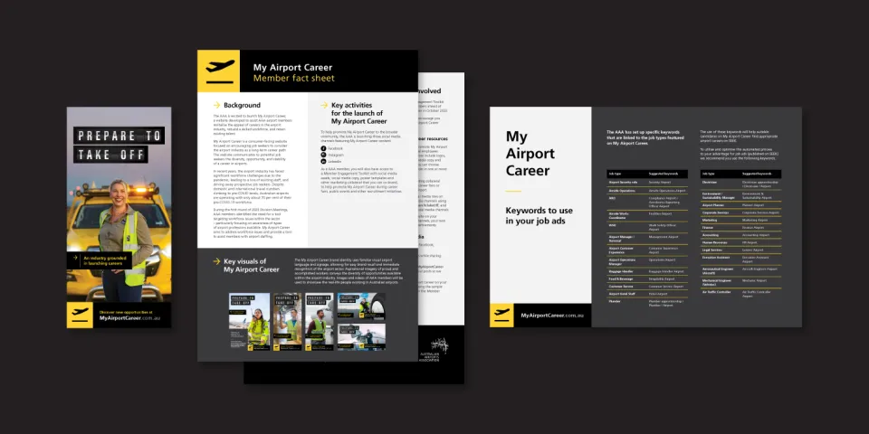 Other My Airport Career collateral including a flyer, member factsheet, and keywords for job advertisements