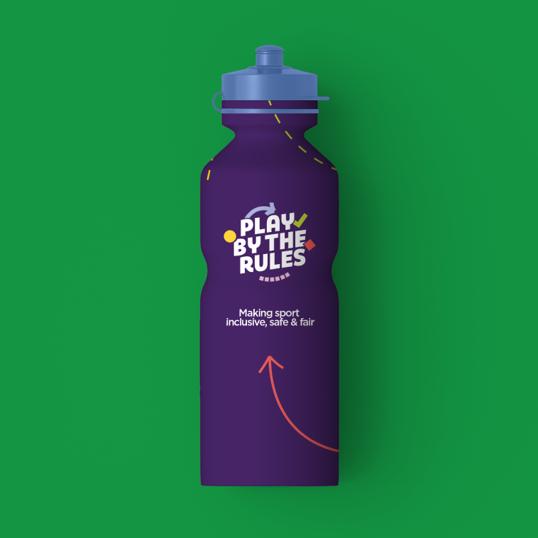 A purple patterned Play by the Rules drink bottle on a green background