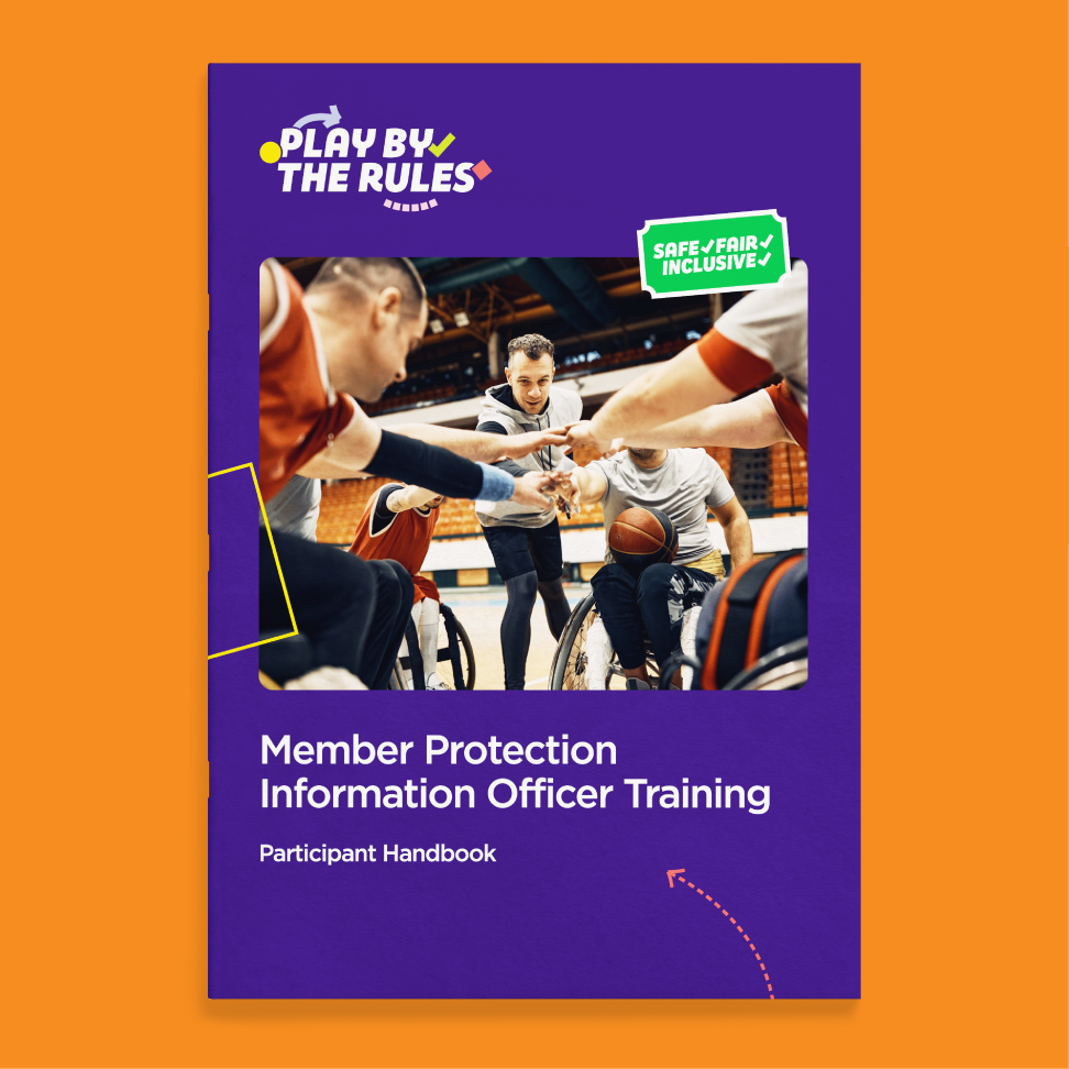 A Play by the Rules booklet about MPIO training. It sits on an orange background and has a huddling wheelchair basketball team on the front