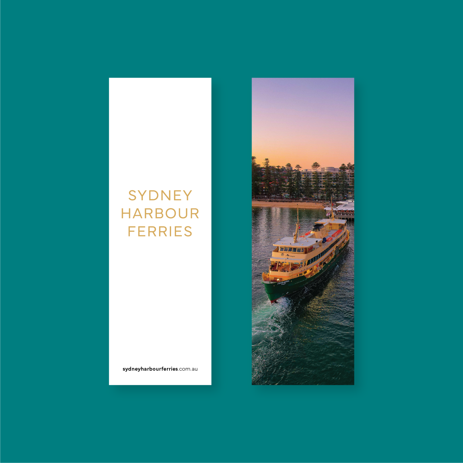 The front and back of a Sydney Harbour Ferries bookmark on a teal background